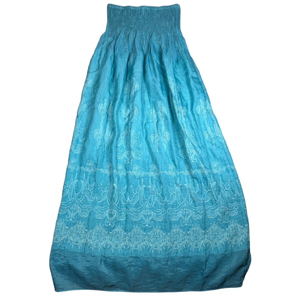 Lapis Fairy Teal Embroidered Smocked Strapless Maxi Dress One Size Boho Summer